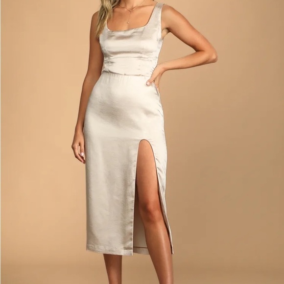 LULU’S Headed To Happy Hour Champagne Satin Midi Skirt - Picture 1 of 5